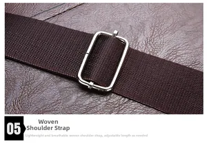 Détail de la bandoulière tissée réglable avec boucle métallique sur un sac marron