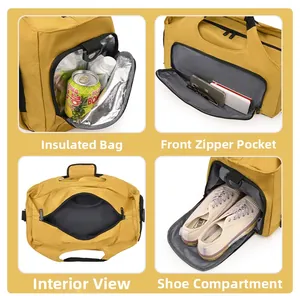 Détails du sac de sport jaune avec poche isotherme et compartiment à chaussures indépendant