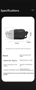 Detailed size chart of the black nylon messenger bag with 31x19x10cm dimensions