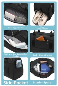 Detail view of large travel bag featuring dedicated shoe compartment and wet/dry separation