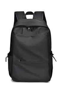 Front view of black business backpack featuring matte texture and dual zipper compartments
