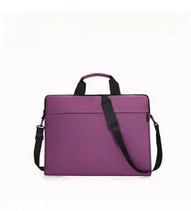 Detail view of purple waterproof Oxford laptop bag with shoulder strap and reinforced handles