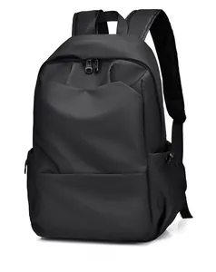 Side view of a black minimalist backpack showing durable waterproof nylon fabric and zippers