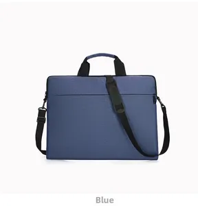 Detailed close-up of a blue waterproof laptop bag with adjustable shoulder strap and handles