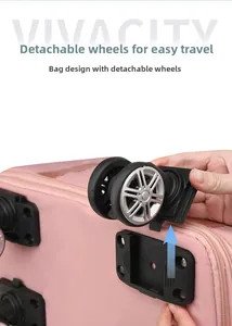 Macro shot of pink travel bag showing detachable black wheels for easy conversion
