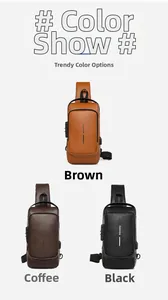Three men's cross-body chest bags in brown, coffee, and black with anti-theft locks
