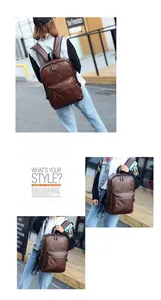 Detail view of a vintage dark brown leather backpack with multiple pockets and adjustable straps