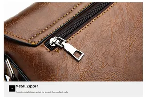 Macro view of durable silver metal zipper and reinforced stitching on brown leather bag