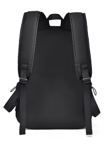 Rear view of black waterproof business backpack with padded shoulder straps and side pockets