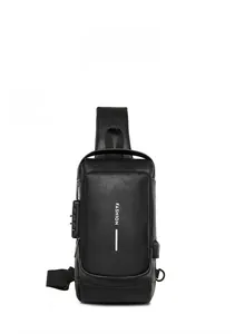 Detail of black leather sling bag featuring anti-theft combination lock and USB port