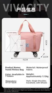 Pink waterproof travel bag 41x21x32cm with wheels and laptop storage compartment