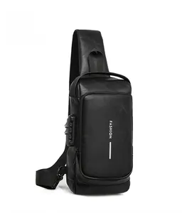 Detail view of the side anti-theft combination lock on a black leather cross-body chest bag