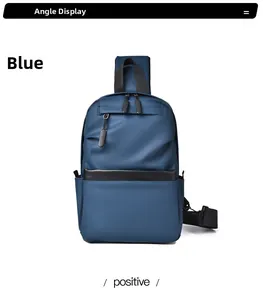 Front view of blue water-resistant crossbody chest bag with adjustable strap and zippers