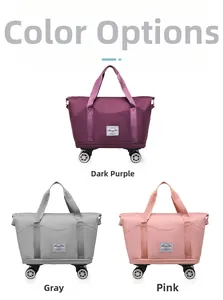 Three multi-color large travel bags with wheels in purple, grey, and pink styles