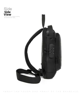 Detail view of the secure anti-theft combination lock and side profile of the black chest bag