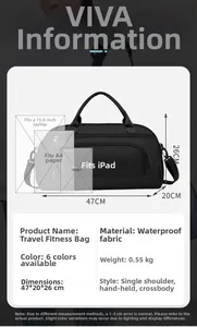 Detailed size chart for large fitness travel bag with dimensions 47x20x26cm and capacity