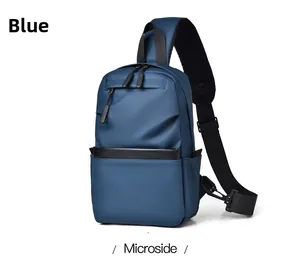 Blue crossbody bag with waterproof matte fabric, side pocket, and mesh shoulder strap