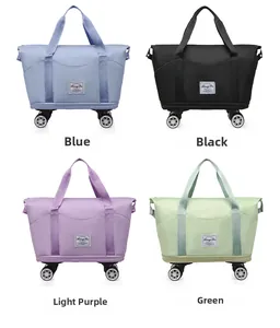 Rolling travel bags in blue, black, purple, and green with durable wheels and logo detail
