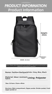 Detailed size chart for minimalist 45cm black backpack showing 32.5cm width and fabric specs