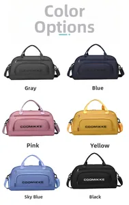 Collage of multi-colored travel fitness bags with adjustable straps and front zip pockets