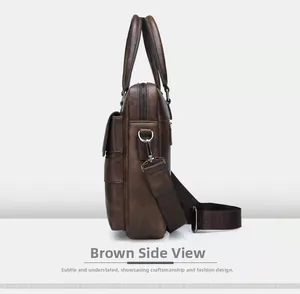 Side view of dark brown business briefcase showing PU leather texture and metal D-ring