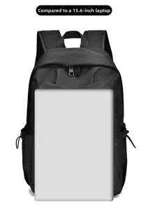 Black waterproof backpack scale comparison with a 15.6-inch laptop showing large capacity