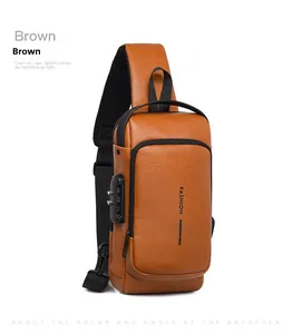 Detailed side view of brown leather crossbody bag featuring a secure combination lock