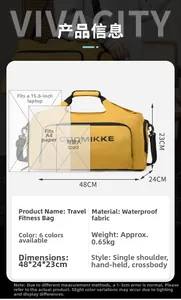Détail du sac de voyage jaune montrant les dimensions 48x24x23cm et le tissu imperméable