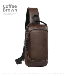 Detail of coffee leather chest bag featuring anti-theft combination lock and side zipper