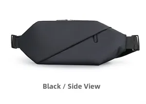 Detailed side view of black waterproof nylon crossbody bag with dual zipper closure