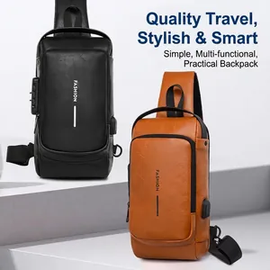 Men's PU Leather Chest Bag With Anti-theft Password Lock USB Charging Port Waterproof Crossbody Sling Shoulder Backpack Travel