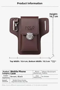 Detailed size specifications of a brown vertical leather belt phone pouch for men