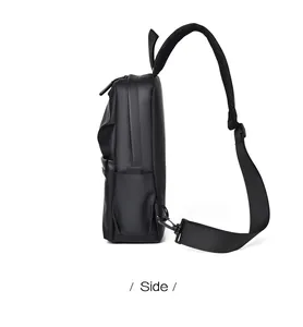 Side view detail of waterproof matte black chest bag showing layered zippers and breathable strap