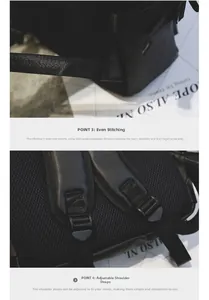 Macro detail of high-density reinforced stitching and adjustable ergonomic shoulder straps