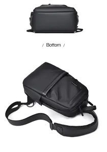 Detailed bottom view and diagonal perspective of a waterproof black chest bag