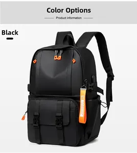 Black waterproof nylon backpack featuring a convenient external USB charging port and side pockets