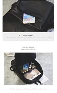 Detail view of smooth black PU leather backpack showing front pocket and interior storage