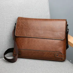 Vintage dark brown faux leather messenger bag for men with adjustable shoulder strap