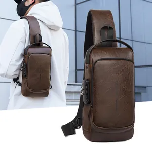 Men's retro brown leather sling bag with security code lock and adjustable strap