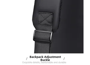 Close-up of durable plastic adjustment buckle and nylon strap on black chest bag