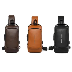 Men's leather sling bag with anti-theft combination lock and USB port in three colors
