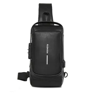 Men's anti-theft leather chest bag with USB port and combination lock in black color