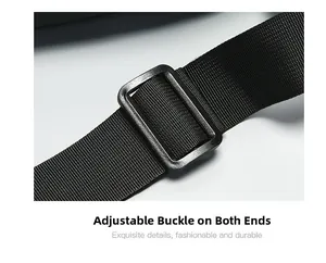 Detail of adjustable nylon shoulder strap with quick-release clips and buckle for men's bag