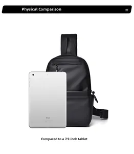 Waterproof black sling bag shown next to a 7.9-inch tablet for size comparison