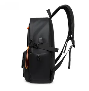 Detail of backpack side featuring USB charging port and adjustable buckle straps