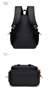 Detail view of ergonomic padded shoulder straps and suitcase strap on black backpack