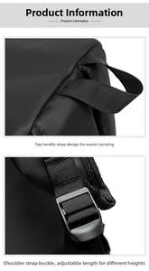 Close-up of the black nylon backpack showing top handle webbing and strap adjustment buckle