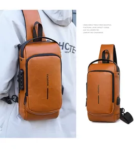 Close-up of brown leather chest bag with USB port and integrated anti-theft combination lock