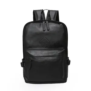 Classic black PU leather men's backpack with minimalist diamond patch and zip front pocket