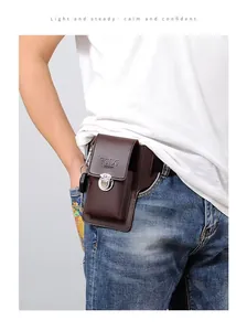 Detailed view of the dark brown leather phone holster with silver buckle and belt loop